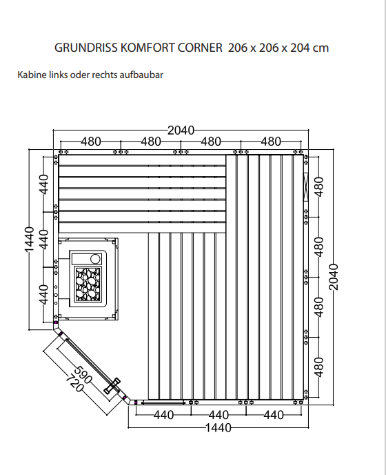 Massivsauna Komfort Corner aus massiver Fichte 2060 x 2060 x 2040mm