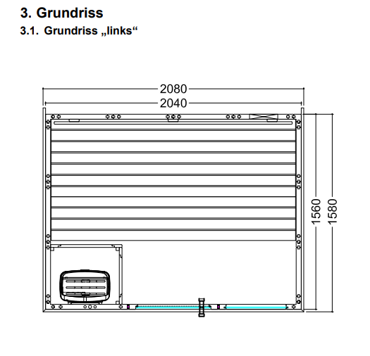 Massivsauna Komfort Small aus massiver Fichte 2080 x 1580 x 2040mm