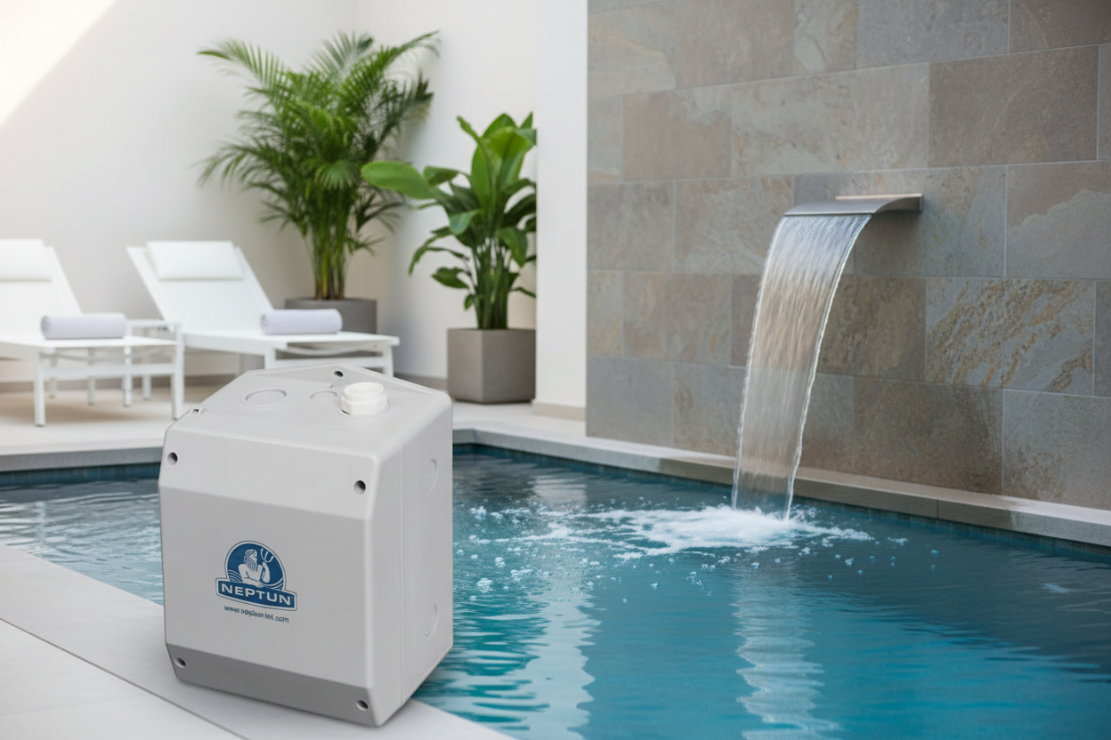 PN Steuerkasten NEPTUN mit Schwalldusche im Hintergrund